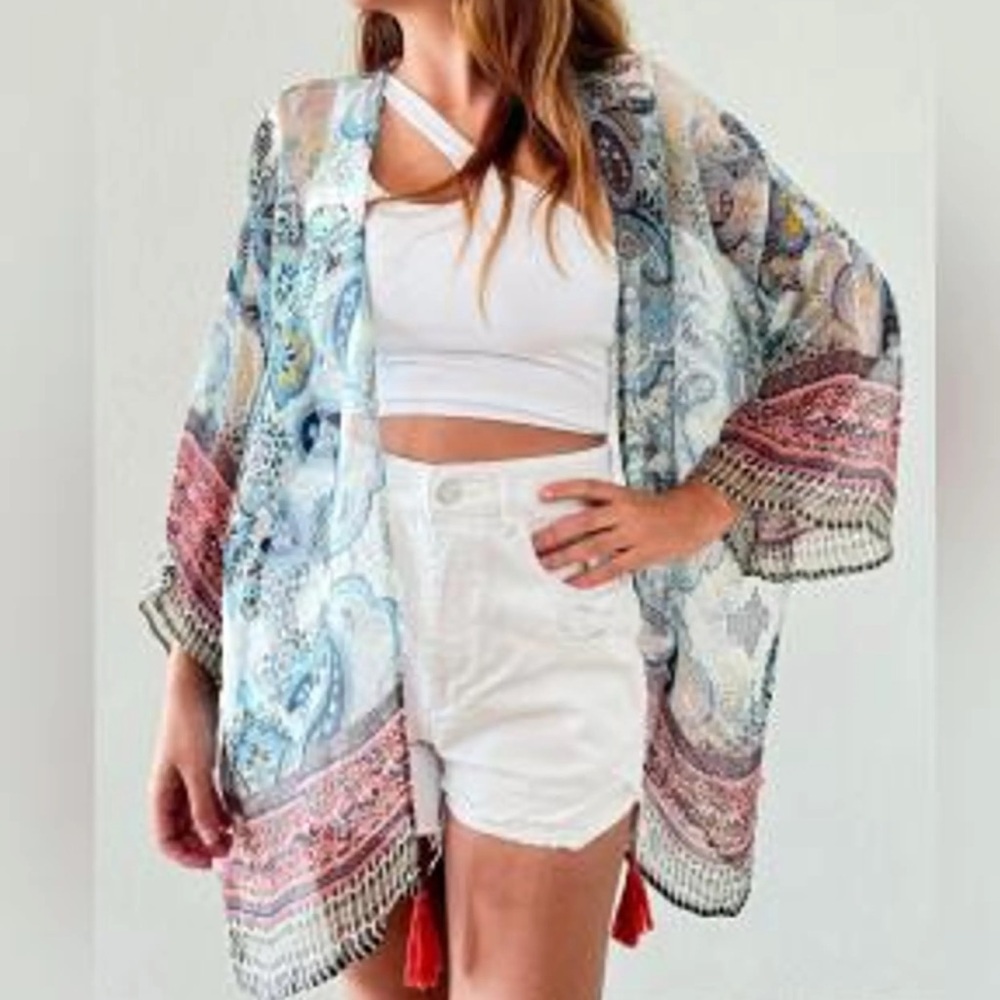 Soft Surroundings Multicolor Paisley open front Cardigan BOHO kimono